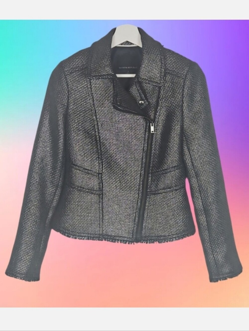 Banana Republic Moto Jacket Silver Tweed Metallic Asymmetrical Zip Jacket